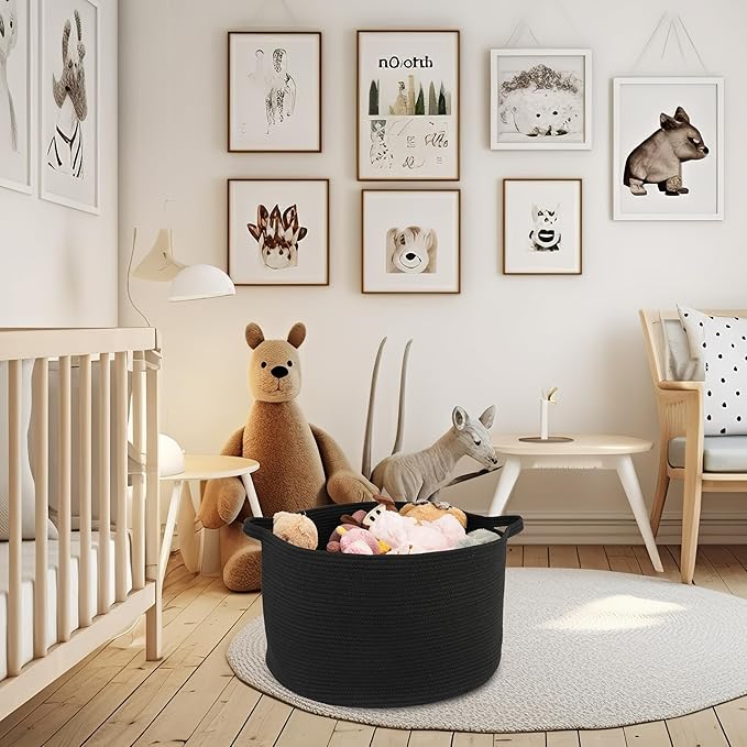 Large Cotton Rope Basket Blankets Basket Living Room 22"x14" Toy Basket for Kids and Dogs Rope Storage Basket for Nursery Woven Laundry Basket for Clothes Towels Baby Toy Storage round black