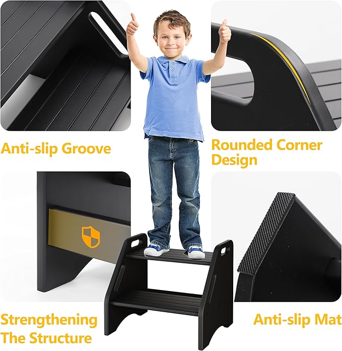 AMBIRD Wooden Step Stool, Two Step Stools 300 lbs Capacity with Safety Non-Slip Pads and Handles, Bamboo Step Stool for Bathroom, Kitchen Step Stools Dual Height Step Stools for Adults (Black)