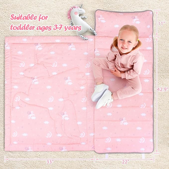 UOMNY Toddler Nap Mat - 1 Pack Girls Sleeping Bag with Removable Pillow - Unicorn 50x20 Inch Kids Preschool Nap Sack with Pillow Pink Girls Napper Nap Mats for Daycare Napping Bag for Girls