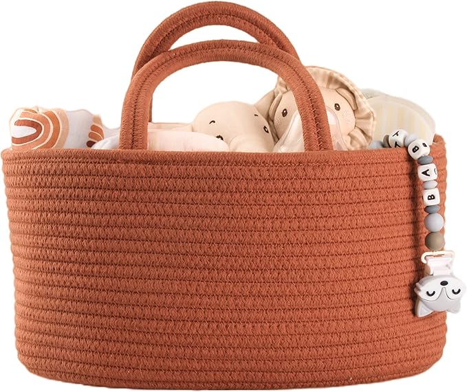 Baby Diaper Caddy Organizer for Girl Boy Cotton Rope Nursery Storage Bin Basket Portable Holder Tote Bag for Changing Table Car Travel Baby Shower Gifts Newborn Essentials Registry Must Have Rust