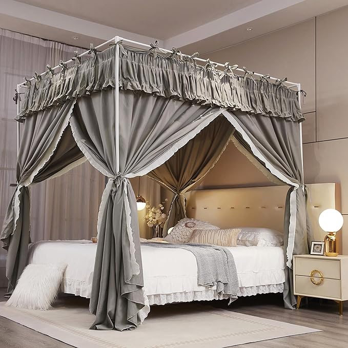 4 Corners Post Princess Ruffle Curtain Bed Canopy Lace Up Elastic Cozy Breathable Tent Mosquito Net for Girls Bedroom Decoration(Grey, 70-78" W*86" L*82" H/King)