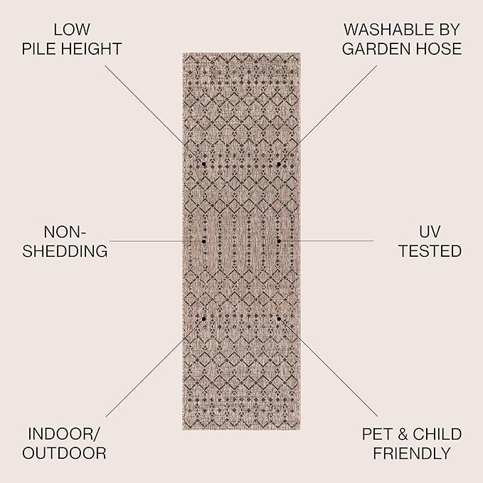 JONATHAN Y SMB108D-214 Ourika Moroccan Geometric Textured Weave Indoor/Outdoor Runner Rug, Bohemian, Scandinavian for Bedroom, Kitchen, Living Room, Easy-Cleaning, Natural/Black, 2 ft. x 14 ft.