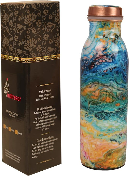 Pure Copper Water Bottle - Handcrafted - Ayurveda health benefits - Small 15 oz - Leak proof - Easy to carry for Sports, Fitness, Yoga, School - Royal Mosaic 3D Vintage Colorful Enamel