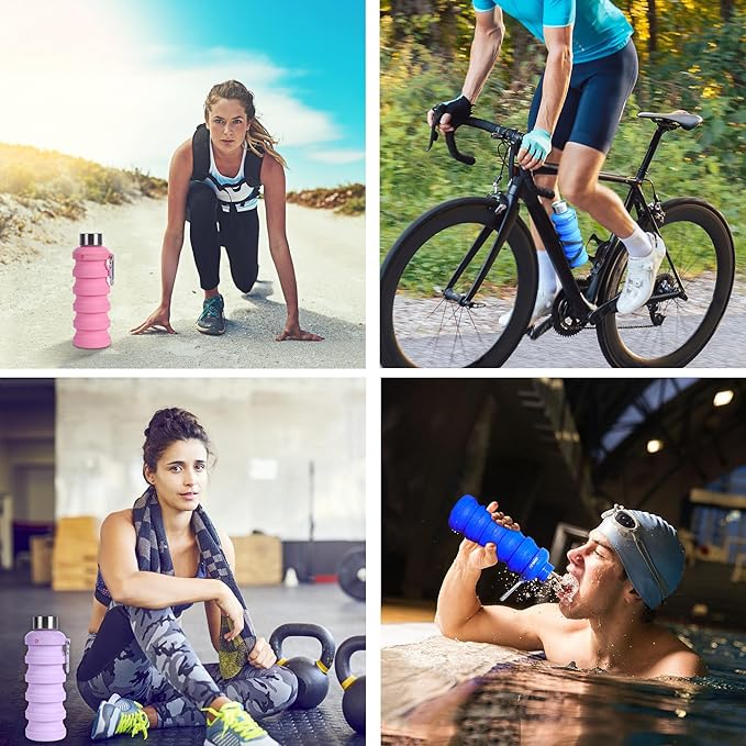 JaneJu Collapsible Water Bottle, 17oz BPA Free Silicone Reusable Portable Lightweight Foldable Water Bottles with Carabiner, Portable Leak Proof Sports Water Bottle (Purple)