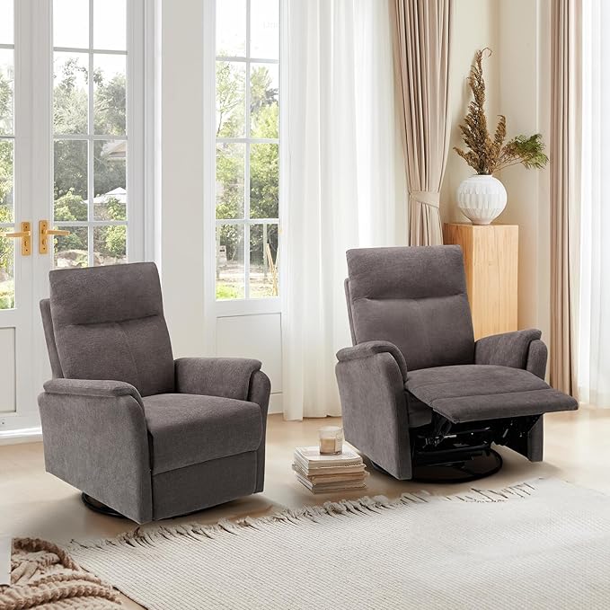 Swivel Rocking Recliner Glider Chair, Upholstered Fabric Reclining Rocker Chair with Footrest for Living Room, Nursery, Bedroom, Ergonomic High Backrest, Wide Seat Cushion and Metal Base-Charcoal