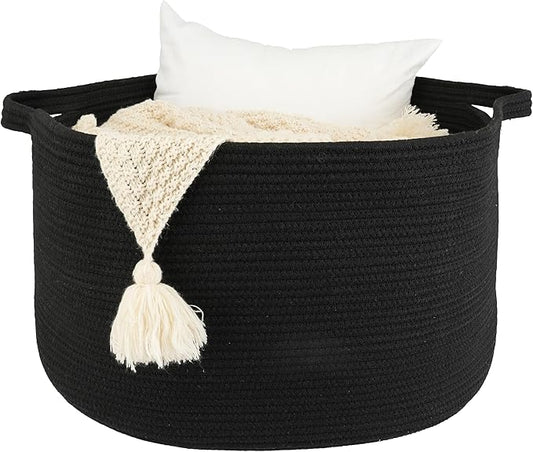 Large Cotton Rope Basket Blankets Basket Living Room 22"x14" Toy Basket for Kids and Dogs Rope Storage Basket for Nursery Woven Laundry Basket for Clothes Towels Baby Toy Storage round black