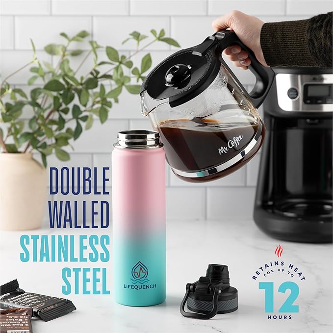 Insulated Water Bottle with Straw and Handle 22 oz-Stainless Steel Water Bottles with Straw, Dual Cap Function & Sleeve, Keeps Drinks Hot Up to 12 Hours & Cold Up to 24 Hours (Cotton Candy)