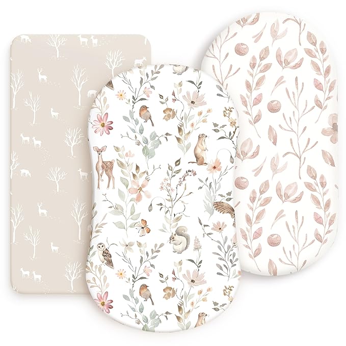 GRSSDER Stretchy Ultra Soft Fitted Bassinet Sheets 3 Pack, Universal Fit for Baby Cradle Moses Basket Oval Rectangle Mattress Safe and Snug, Beautiful Blush Pink Floral Bassinet Sheet for Girls
