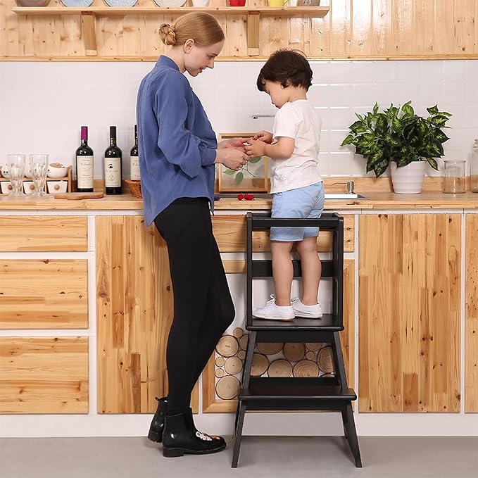 SDADI Kids Kitchen Step Stool Tower for Toddlers, Holds up to 150 lbs, w/ Safety Rail, Wide Platform Design, and 4 Anti-Slip Strips, Black