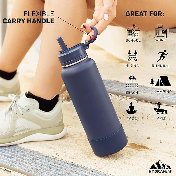 Hydrapeak 40oz Sport Insulated Water Bottle with Straw or Chug Lid, Leak & Spill Proof, Keeps Drinks Cold for 24 Hours, Hot for 12 Hours, Premium Stainless Steel Water Bottles (40oz, Alpine)