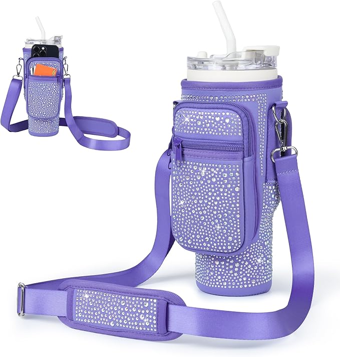 Bling Diamond Water Bottle Carrier Bag with Phone Pocket for Stanley 40/30 oz Tumbler with Card Holder,Neoprene Water Bottle Holder Pouch with Adjustable Strap for Stanley Cup Accessories