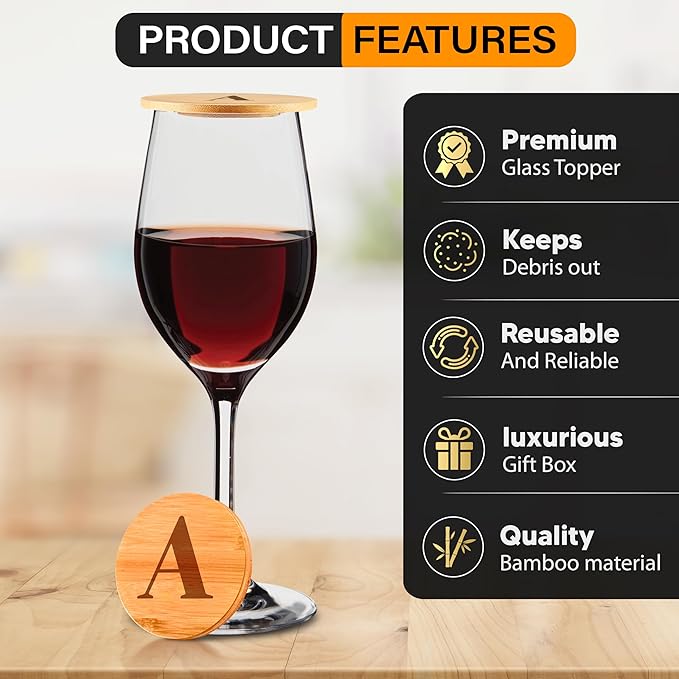 Personalized Wine Glass Charcuterie Topper - Custom Laser Engraved Initial Bamboo Wine Glass Topper Stopper Coasters Plate ID Identification Wine Glass Charcuterie Board Topper (Letter A)