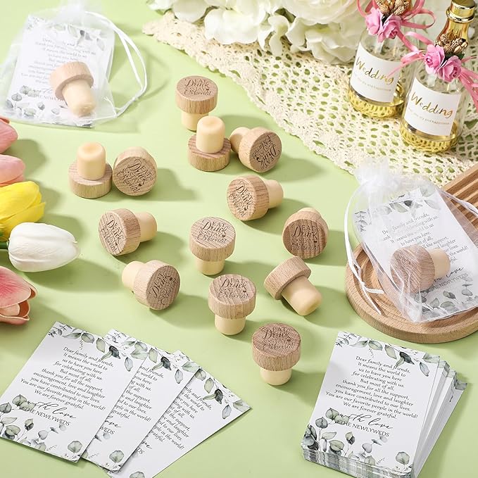 Barydat 50 Sets Wedding Favors for Guests Bulk Engraved Wood Wine Bottle Corks Wine Stopper with Wedding Thank You Cards and Organza Bags Wedding Appreciation Gifts for Guest Thank You Gifts (Bright)