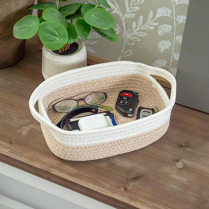 OrganiHaus Set of 5 Rectangle Bathroom Storage Baskets for Organizing, Small Woven Baskets for Storage Basket for Bathroom, Nursery Storage Basket for Baby Nursery Organization, Cute Bin, Honey/White