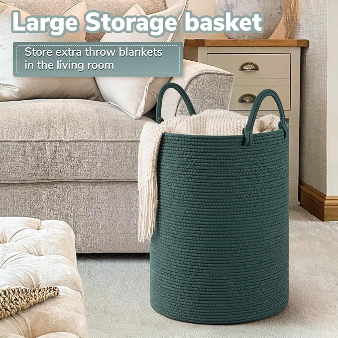 INDRESSME Large Laundry Basket Hamper for Clothes, Woven Rope Storage Basket Baby Hamper for Nursery, Blanket Basket Living Room, Tall Basket Toys Storage Toys Bin, 19.7 x 13.8 inches, Green