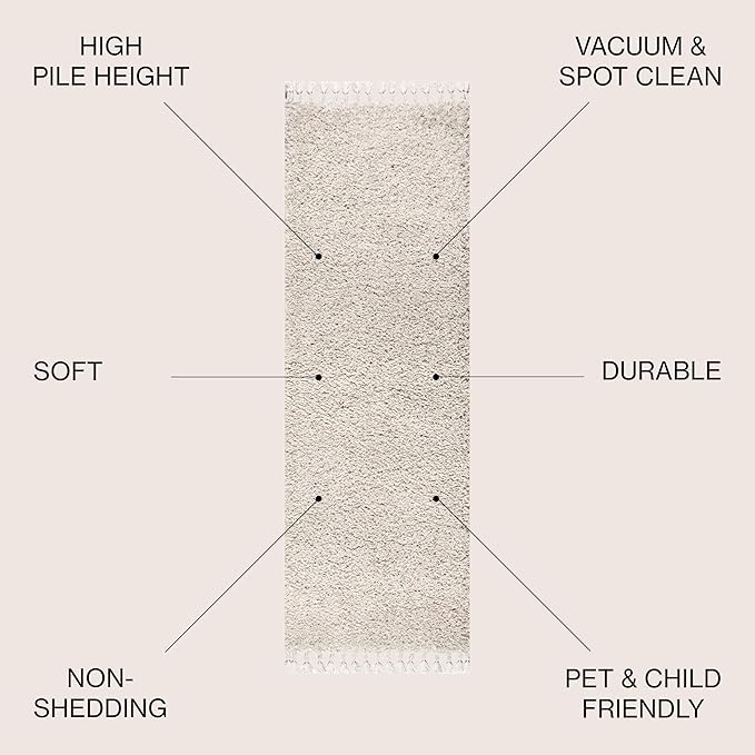 JONATHAN Y MCR100D-28 Mercer Shag Plush Tassel Indoor Runner Rug Bohemian Modern Contemporary Solid Easy-Cleaning Bedroom Kitchen Living Room, 2 X 8, Cream with Tassel