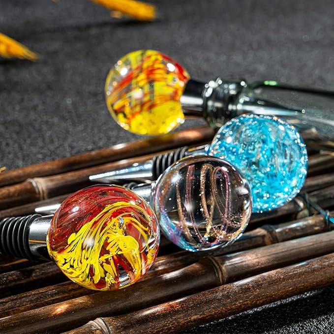 Wine and Beverage Bottle Stoppers with Blue Galaxy Glass Grip Top, Reusable Wine Saver for Gifts, Bar, Holiday Party, Wedding