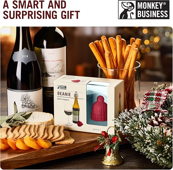 Beanie Cap Decorative Silicone Bottle Stopper in a Gift Box, Set of Two, Novelty Cork, Beverage and Wine Keeper, Champagne Bottle stoppers (Red & Grey)