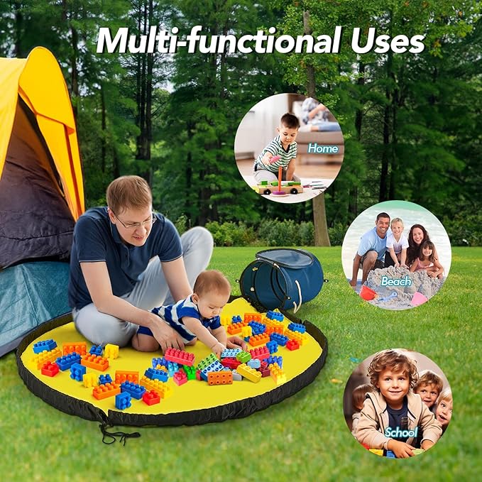 Toy Storage Basket and Play Mat for Kids - Foldable Toy Storage Organizer Bins with Lids - Kids Toy Box Chest for Building Blocks, Boys, Girls, Nursery, Playroom, 12.6''x12.6''x15.5''(Blue)