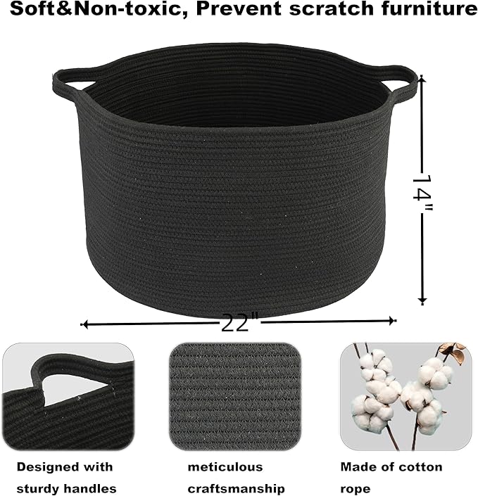 Large Cotton Rope Basket Blankets Basket Living Room 22"x14" Toy Basket for Kids and Dogs Rope Storage Basket for Nursery Woven Laundry Basket for Clothes Towels Baby Toy Storage round black