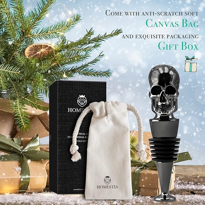 Homestia Wine Bottle Stoppers for Glass Bottles, Skull Bottle Stopper Reusable Wine Corks Black Wine Tool, Zinc-Alloy Silicone Wine Stoppers, Wine Toppers with Decors