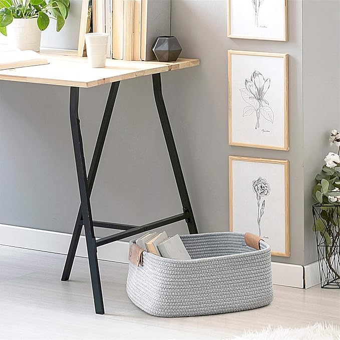 CHICVITA Rectangle Cotton Rope Woven Basket with Handles for Books, Magazines, Toys - Decorative Rectangle Basket for Baby Nursery, Living Room, Bathroom, Grey