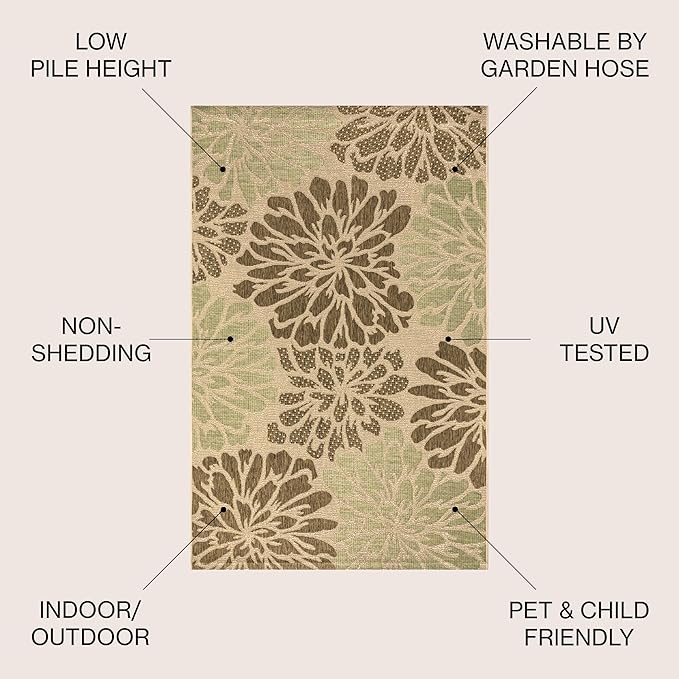 JONATHAN Y SMB110A-6SQ Zinnia Modern Floral Textured Weave Indoor Outdoor Area Rug Bohemian Coastal Easy Cleaning Bedroom Kitchen Backyard Patio Non Shedding, 6' Square, Sage/Brown