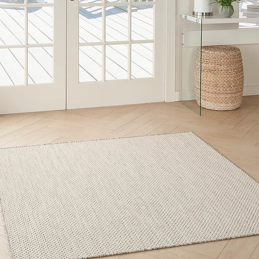 Nourison Courtyard Indoor/Outdoor Ivory/Silver 5' x Square Area Rug, Easy Cleaning, Non Shedding, Bed Room, Living Room, Dining Room, Backyard, Deck, Patio (5 Square)