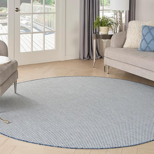 Nourison Courtyard 8' x Round Ivory Blue Fabric Modern Area Rug (8' Round)