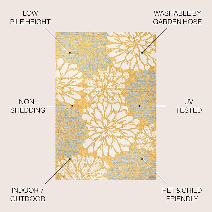 JONATHAN Y SMB110G-5SQ Zinnia Modern Floral Textured Weave Indoor Outdoor Area-Rug, Bohemian Coastal Mediterranean Easy-Cleaning,Bedroom,Kitchen,Backyard,Patio,Non Shedding, Yellow/Cream, 5' Square
