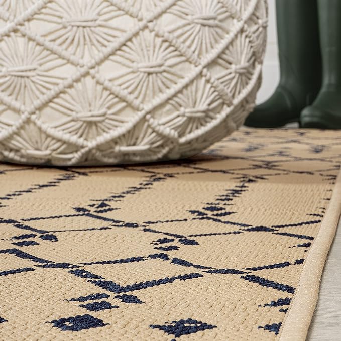 JONATHAN Y SMB108H-9SQ Ourika Moroccan Geometric Textured Weave Beige/Navy 9' Square Indoor/Outdoor Area Rug, Pet Friendly, Non-Shedding, Stain Resistant, Easy-Cleaning for Backyard, Patio, Porch