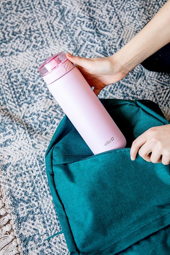 Ello Cooper Vacuum Insulated Stainless Steel Water Bottle with Soft Straw and Carry Loop, Double Walled, Leak Proof, Cashmere Pink, 32oz