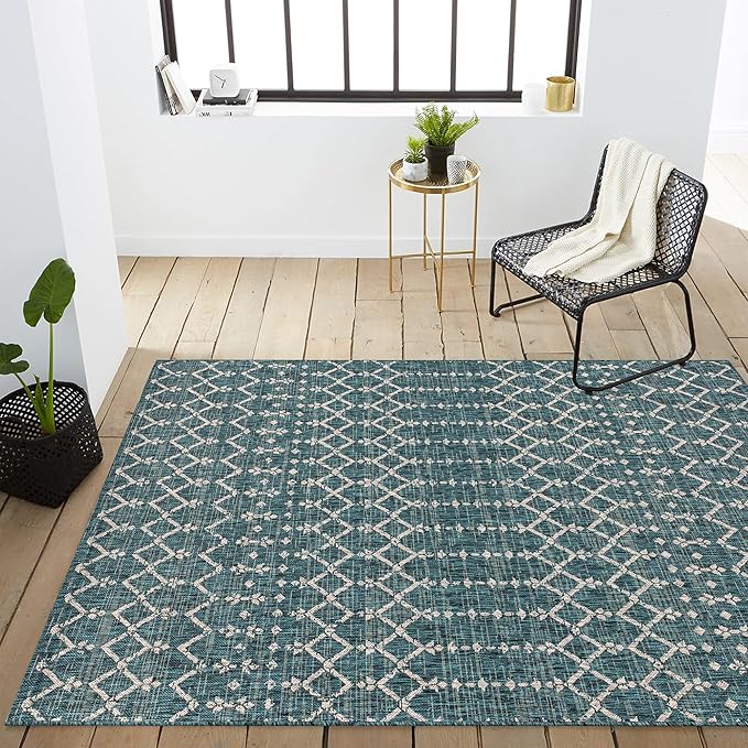 JONATHAN Y SMB108C-9 Ourika Moroccan Geometric Textured Weave Indoor Outdoor Area Rug, Bohemian, Rustic, Scandinavian Easy Cleaning,Bedroom,Kitchen,Backyard,Patio,Non Shedding, Teal/Gray, 9 X 12