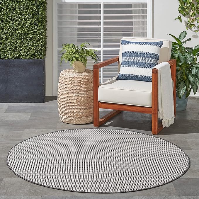 Nourison Courtyard Indoor/Outdoor Ivory/Charcoal 5 x Round Area Rug, Easy Cleaning, Non Shedding, Bed Room, Living Room, Dining Room, Backyard, Deck, Patio (5 Round)