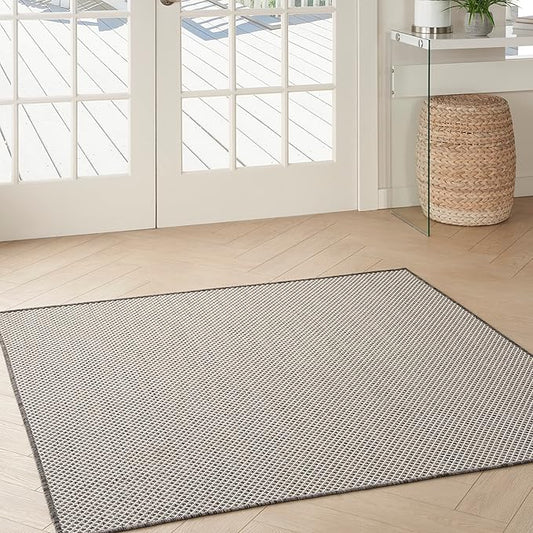 Nourison Courtyard Indoor/Outdoor Ivory/Charcoal 5' x Square Area Rug, Easy Cleaning, Non Shedding, Bed Room, Living Room, Dining Room, Backyard, Deck, Patio (5 Square)