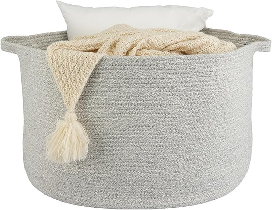 Large Cotton Rope Basket Blankets Basket Living Room 22"x14" Toy Basket for Kids and Dogs Rope Storage Basket for Nursery Woven Laundry Basket for Clothes Towels Baby Toy Storage round grey