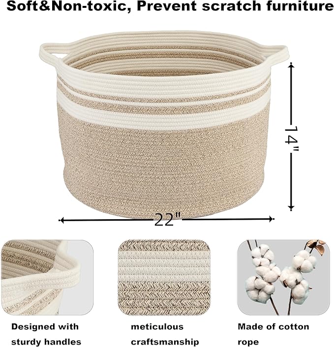 Large Cotton Rope Basket Blankets Basket Living Room 22"x14" Toy Basket for Kids Rope Storage Basket for Nursery Woven Laundry Basket for Clothes Towels Baby Toy Storage round white brown