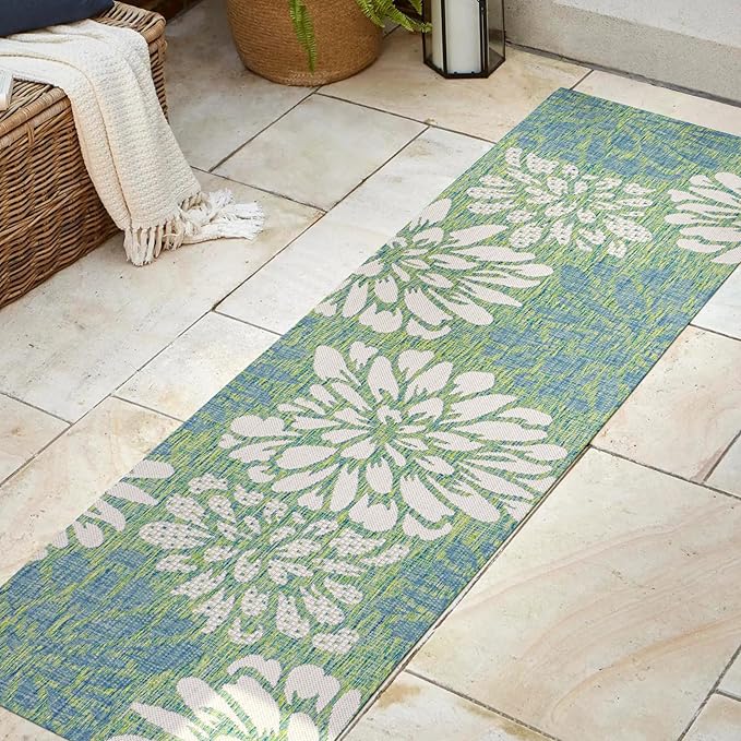 JONATHAN Y SMB110D-28 Zinnia Modern Floral Textured Weave Indoor Outdoor Runner Rug, Bohemian Coastal Mediterranean Easy Cleaning,Bedroom,Kitchen,Backyard,Patio,Non Shedding, Cream/Green, 2 X 8