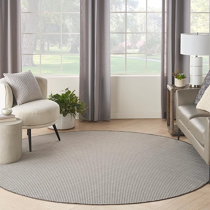 Nourison Courtyard 8' x Round Ivory Charcoal Fabric Modern Area Rug (8' Round)