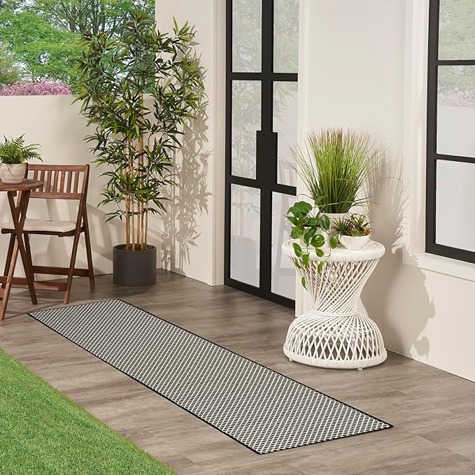 Nourison Courtyard Black White 2' x 6' Area Rug - Easy Clean, Non Shedding, Bed Room, Living Room, Dining Room, Kitchen (6' Runner)