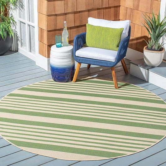 SAFAVIEH Courtyard Collection Area Rug - 4' Round, Green & Beige, Stripe Design, Non-Shedding & Easy Care, Indoor/Outdoor & Washable-Ideal for Patio, Backyard, Mudroom (CY6062-244)