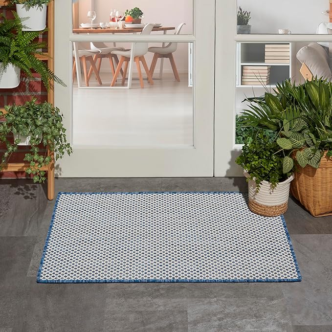 Nourison Courtyard Indoor/Outdoor Ivory Blue 2' x 3' Area Rug, Geometric, Easy Cleaning, Non Shedding, Bed Room, Living Room, Dining Room, Deck, Patio, Backyard (2x3)