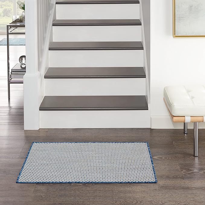 Nourison Courtyard Indoor/Outdoor Ivory Blue 2' x 3' Area Rug, Geometric, Easy Cleaning, Non Shedding, Bed Room, Living Room, Dining Room, Deck, Patio, Backyard (2x3)