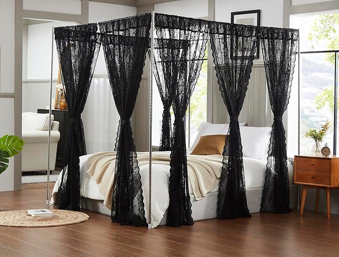 Warm Home Designs Lace Canopy Bed Curtains Set Consists of 8 48" x 78" Black Canopy Curtains with Tie-Backs. Queen Canopy Bed Curtains or King Bed Canopy Curtains for Gothic Bedroom Decor. LC Black