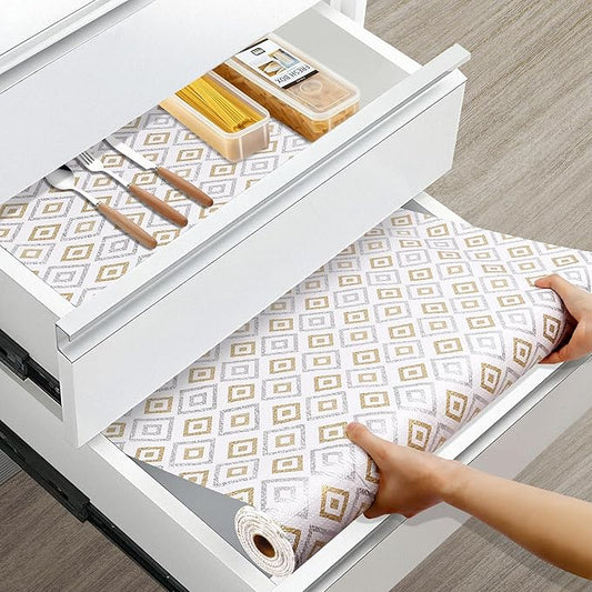 Shelf Liners for Kitchen Cabinets 15in X 15FT, Non Adhesive Cabinet Liner Strong Non-Slip Thickened Gold Geometric Drawer Liner, Washable Liner Easy to Clean for Shelf
