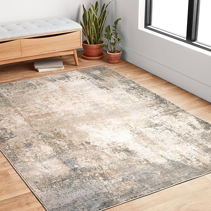 Loloi Teagan Collection 5'-3" x 7'-6" Area Rug in Ivory/Mist - Large, Soft Neutral Rug, High-Traffic for Living Room, Bedroom, Home Office, Dining Area