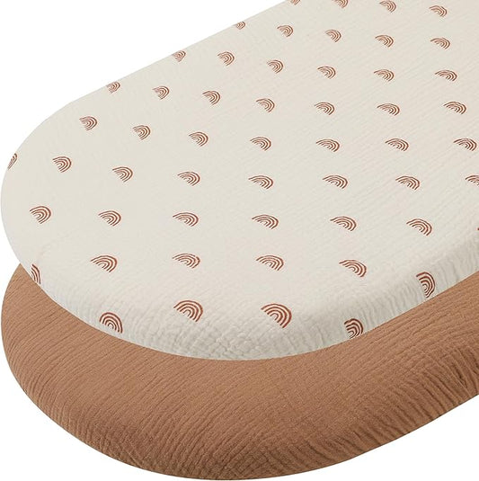 Muslin Bassinet Sheets 32"x 16" Compatible with Dream On Me Karley Bassinet, Delta Children Deluxe and Safety 1st Bassinet, 2 Pack 100% Cotton, Natural and Rainbow