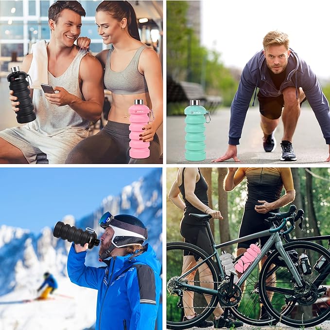 JaneJu Collapsible Water Bottle, 32oz BPA Free Silicone Reusable Portable Lightweight Foldable Water Bottles with Carabiner, Leak Proof Sports Water Bottle with Stainless Twist Cap (Navi Blue)