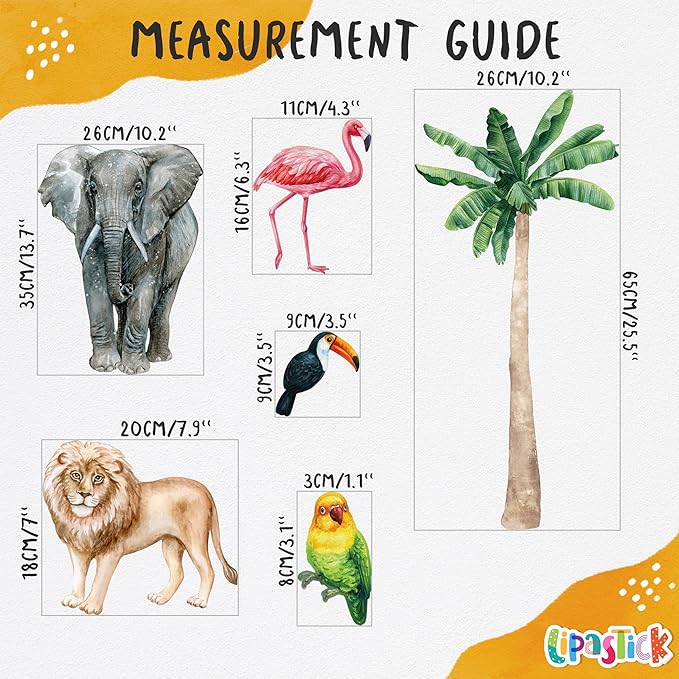 Large Safari Animal Wall Decals for Kids by Lipastick - 70 pcs Jungle Animal Wall Stickers - Creative Wall Decal for Children's Room Bedroom Nursery - Giraffe Elephant Hippo Palm Tree Parrot M Size
