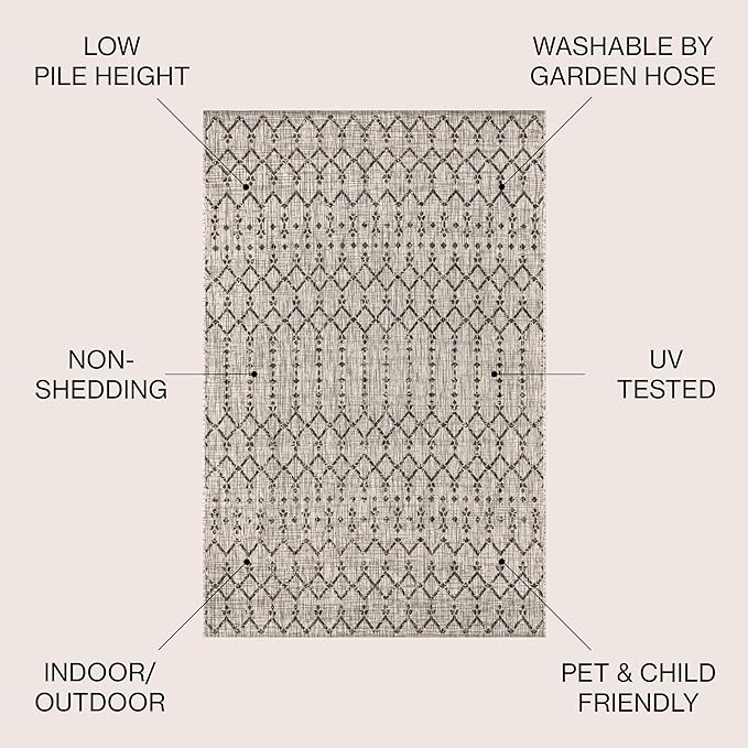JONATHAN Y SMB108E-8SQ Ourika Moroccan Geometric Textured Weave Indoor/Outdoor Area Rug, Bohemian, Scandinavian for Bedroom, Kitchen, Living Room, Easy-Cleaning, Light Gray/Black, 8' Square